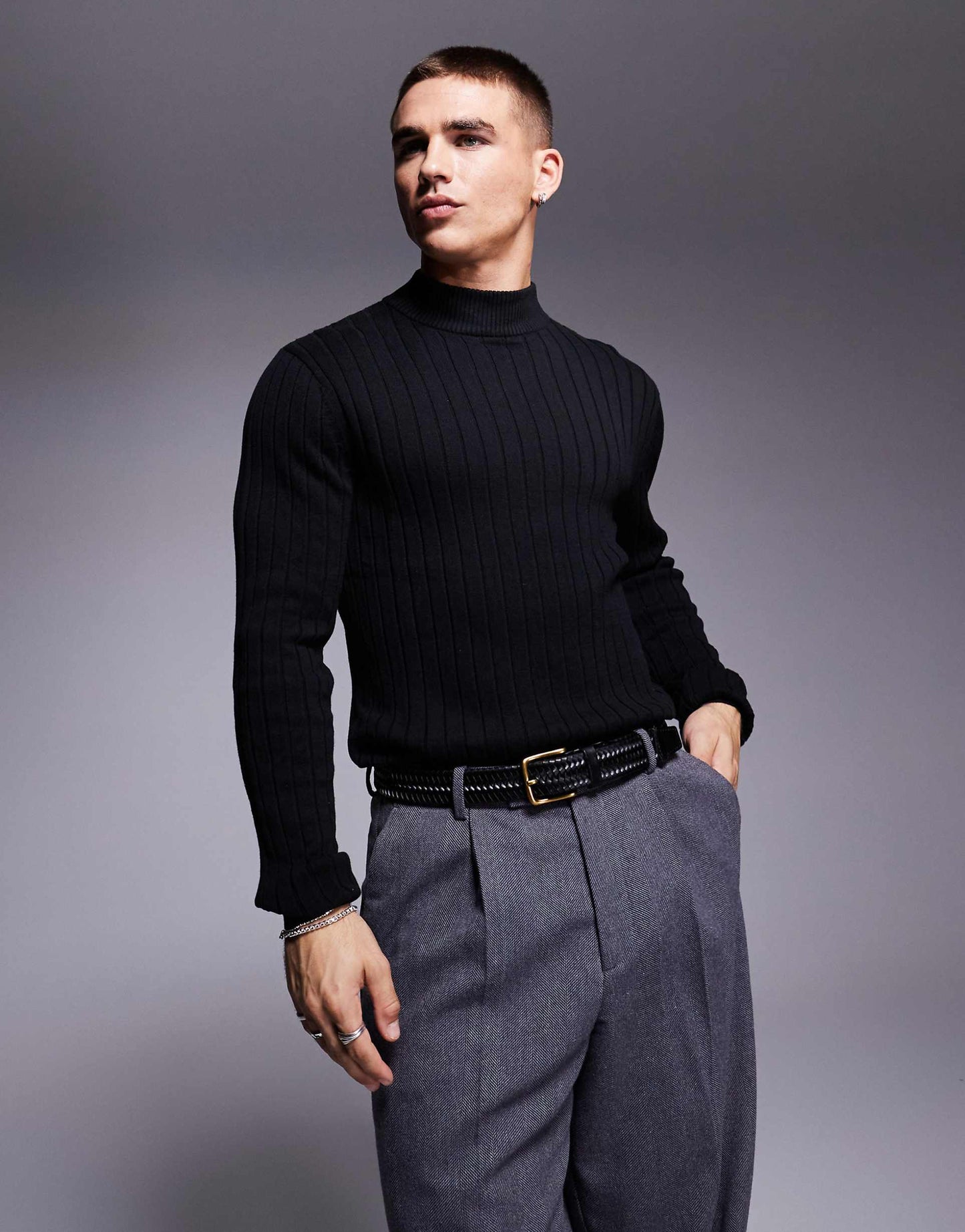 MONARCH ESSENTIAL MUSCLE FIT KNITTED RIB TURTLE NECK JUMPER | PURE BLACK