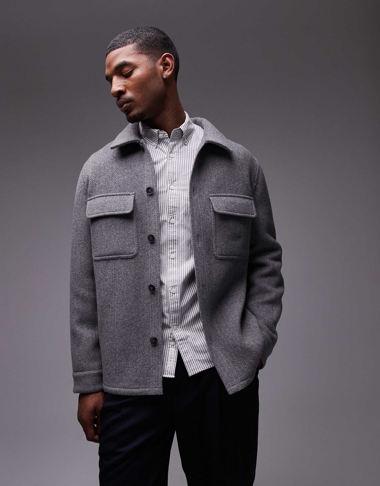 MONARCH BUTTON DOWN HERRINGBONE SHACKET | GREY